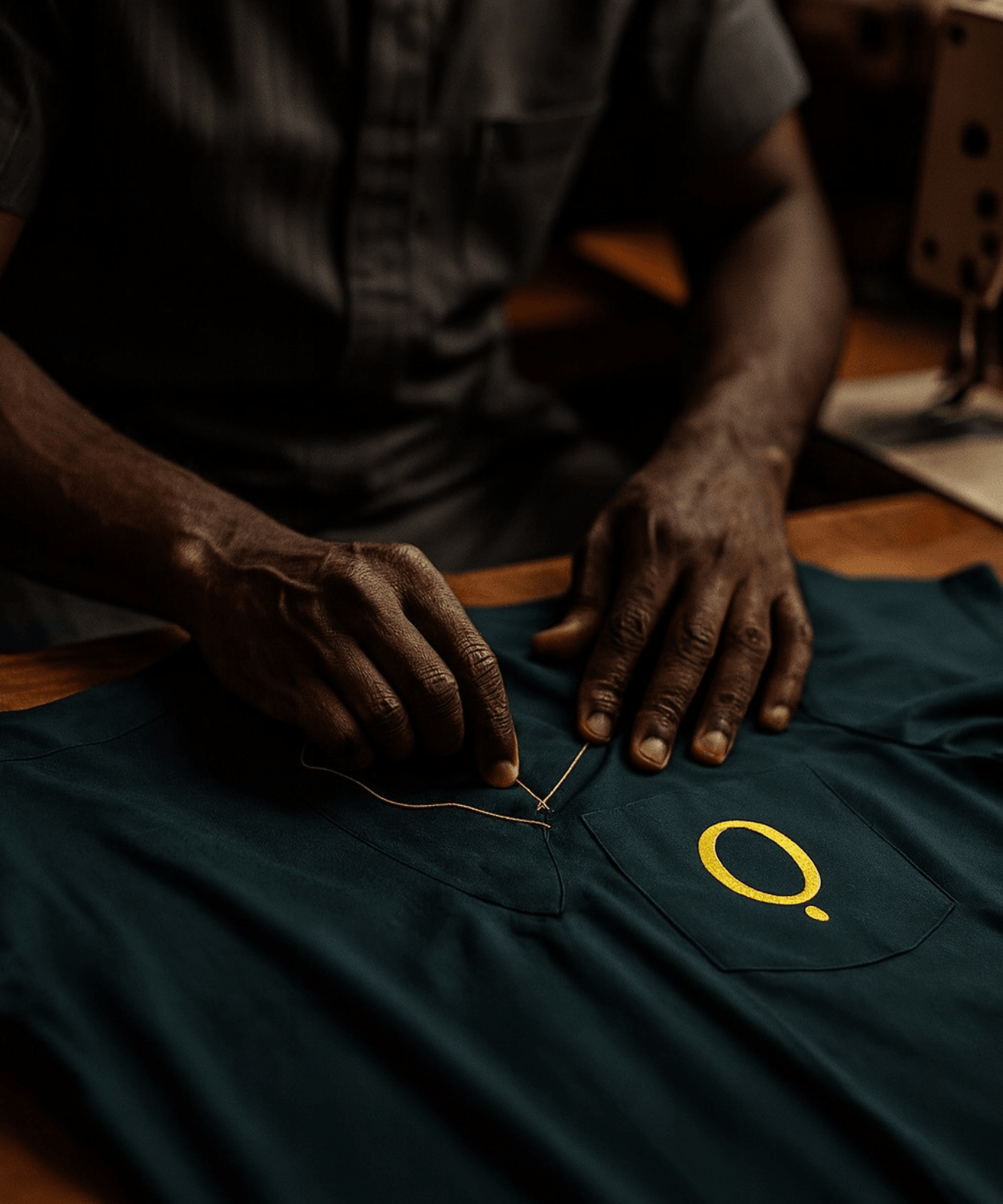 ỌNUỌRA tailor hand-finishing a monogrammed garment